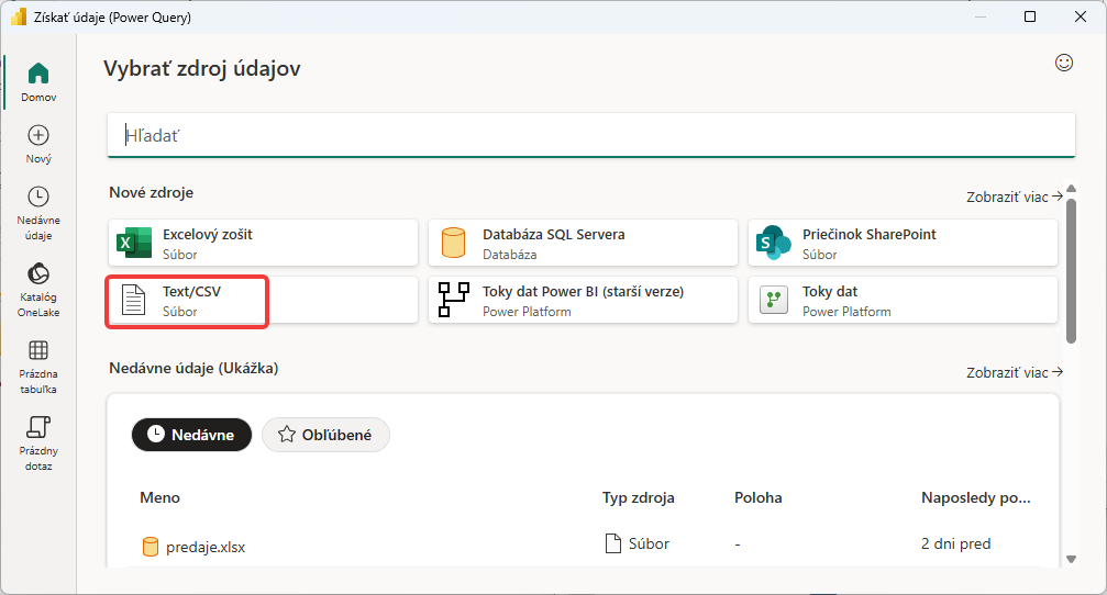 Výber dátového zdroja CSV - Dátová analýza s Power BI