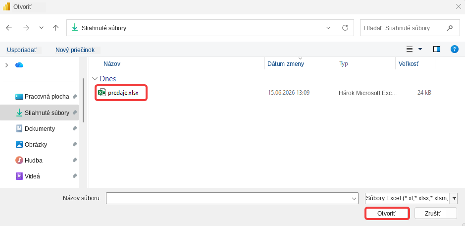 Výber excelového súboru na import - Dátová analýza s Power BI