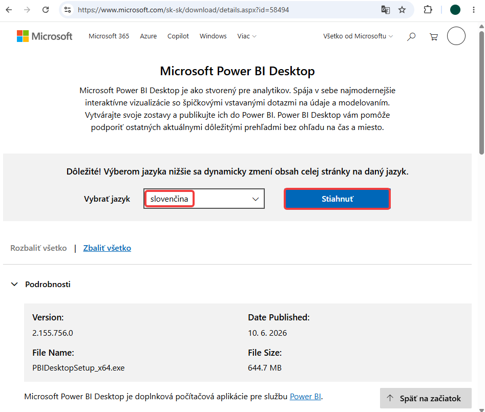 Stránka na stiahnutie Power BI - Dátová analýza s Power BI