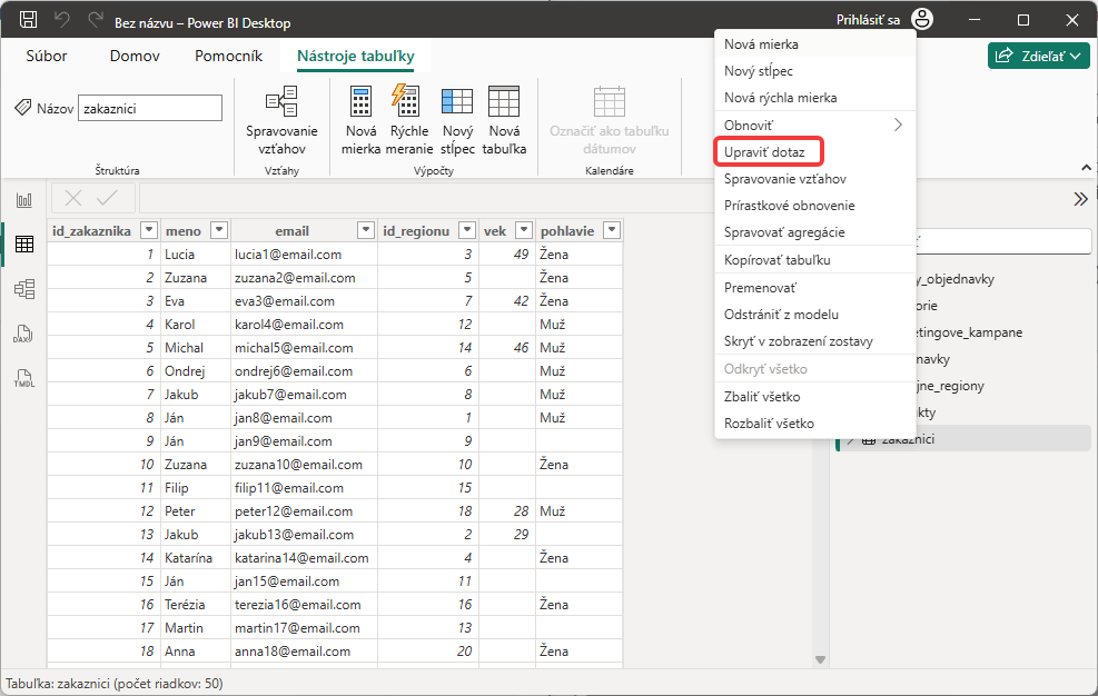 Ponuka zobrazenia v editore Power Query - Dátová analýza s Power BI