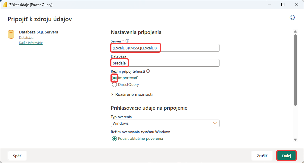 Nastavenie pripojenia k SQL serveru - Dátová analýza s Power BI