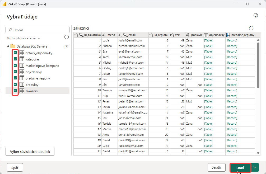 Výber SQL tabuliek - Dátová analýza s Power BI