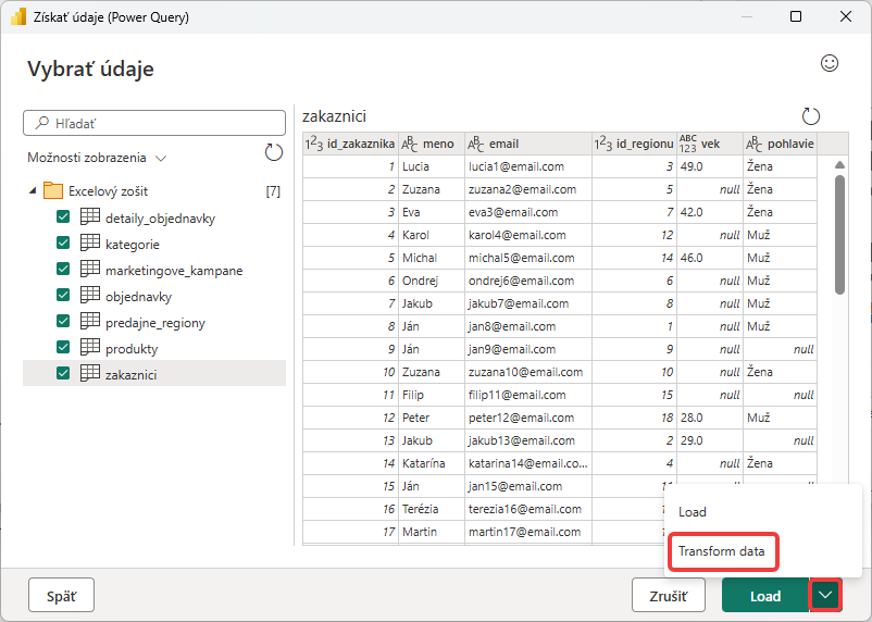 Voľba Transformovať údaje na otvorenie Power Query - Dátová analýza s Power BI
