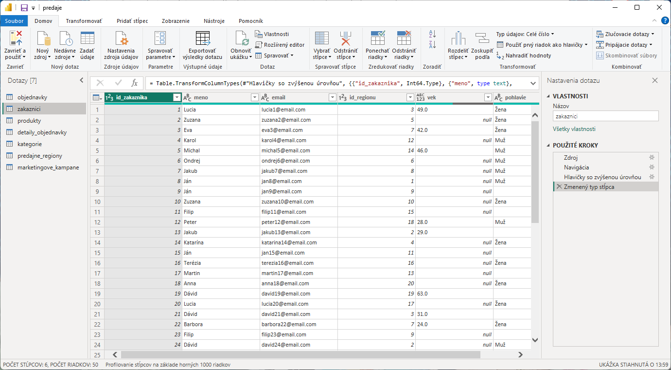 Zobrazenie editora Power Query - Dátová analýza s Power BI