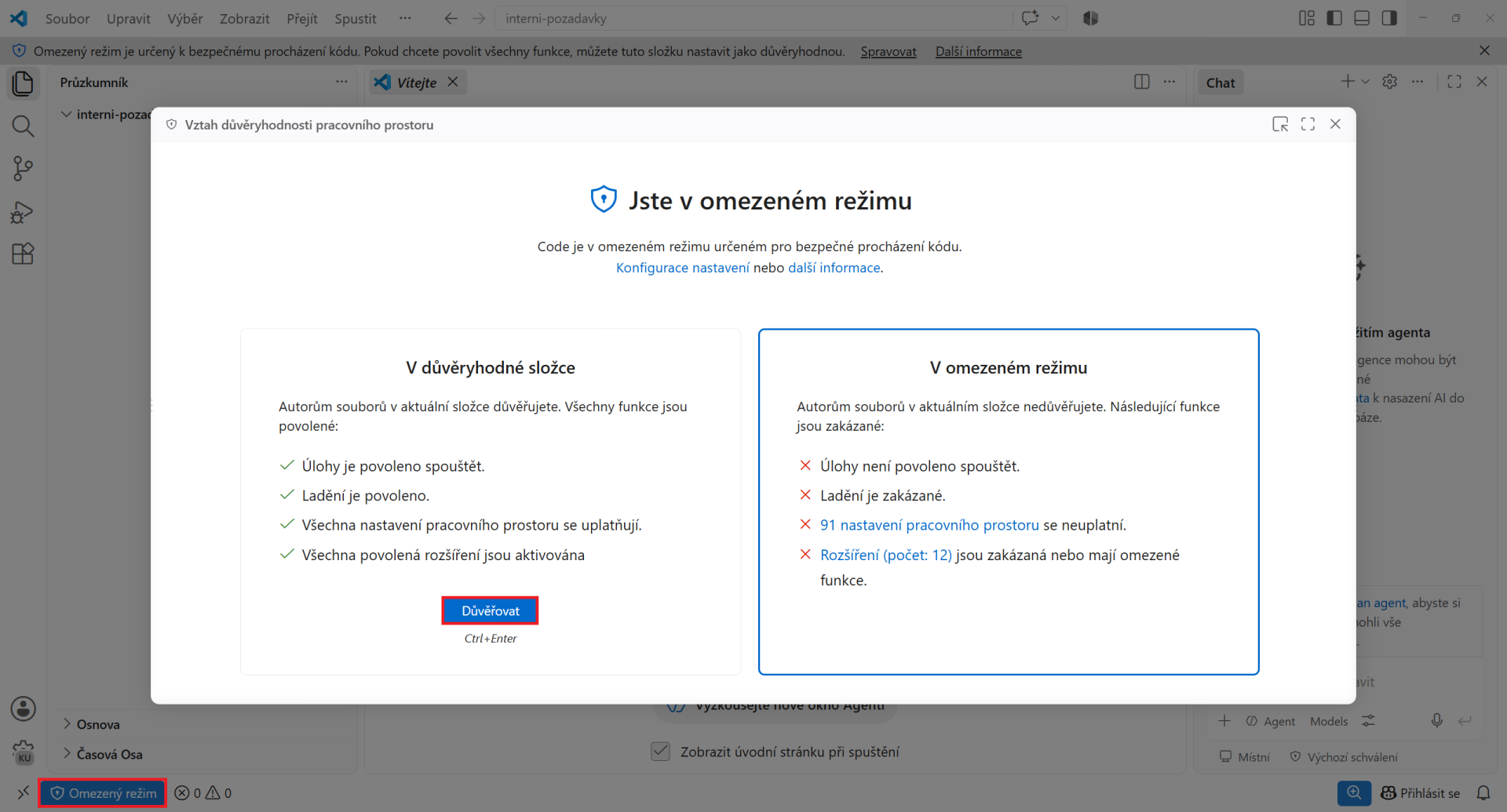 Dôveryhodnosť pracovného priestoru - Vibe coding a agentic coding - Vývoj aplikácií s AI - Vibe coding a agentic coding - Vývoj aplikácií s AI