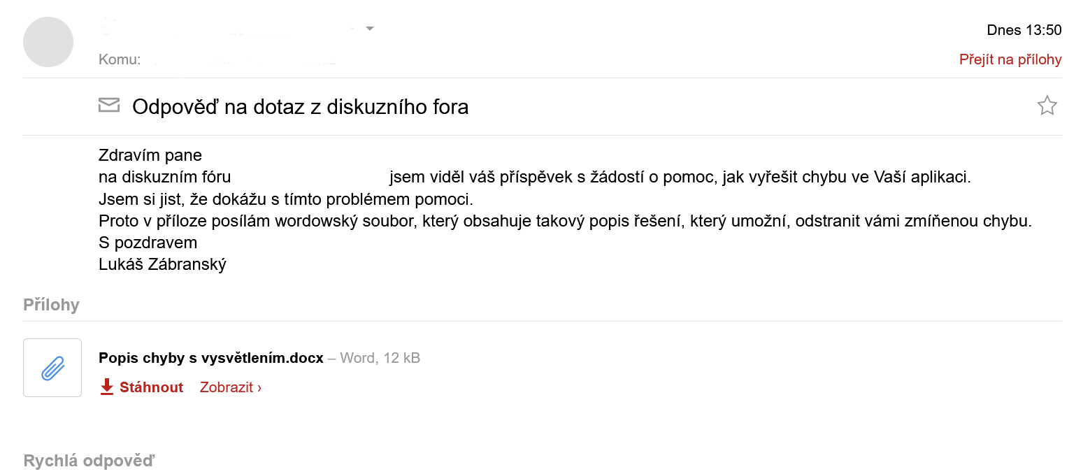 Ukážka e-mailu s vírusom v prílohe - Kybernetická bezpečnosť