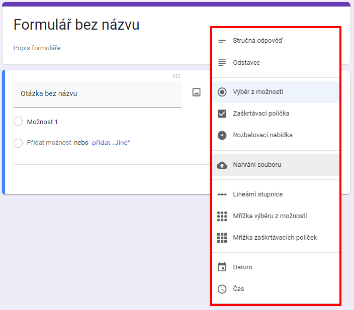 výber otázok - Základy - Google Formuláre (Forms)