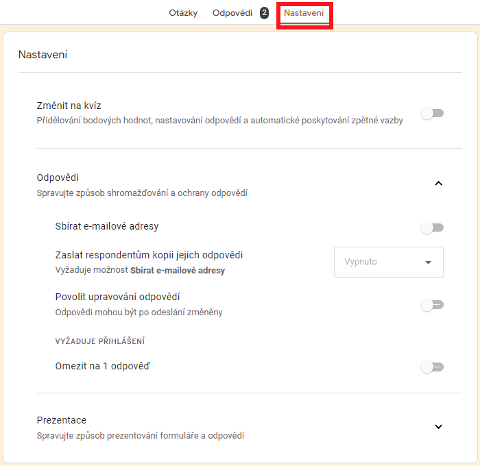 Nastavenia - Základy - Google Formuláre (Forms)