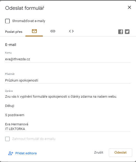 odoslať e-mailom - Základy - Google Formuláre (Forms)