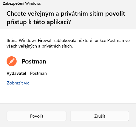Príklad žiadosti o povolenie aplikácie Postman cez firewall - Kybernetická bezpečnosť - Kybernetická bezpečnosť