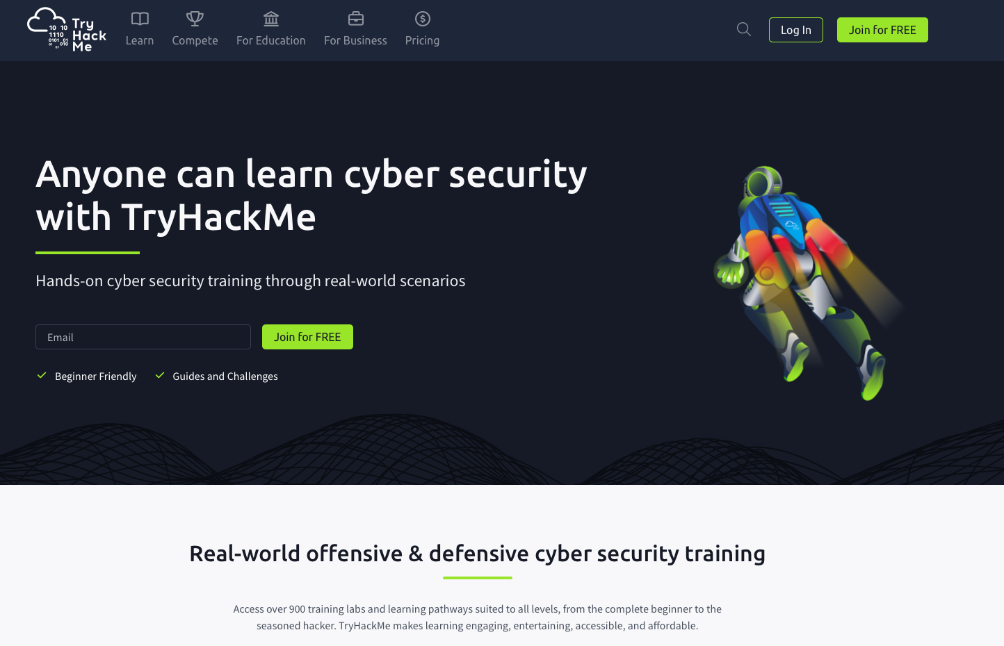 Ukážka úvodnej stránky TryHackMe - Kybernetická bezpečnosť - Kybernetická bezpečnosť