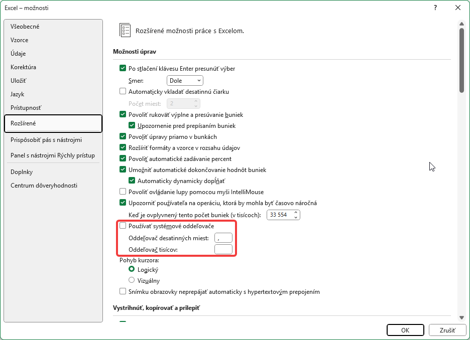 Nastavenie oddeľovačov v Exceli - Microsoft Office