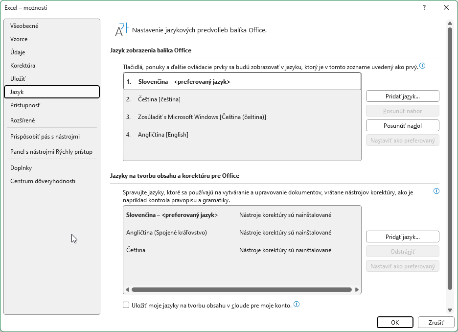Výber jazyka Excelu - Microsoft Office