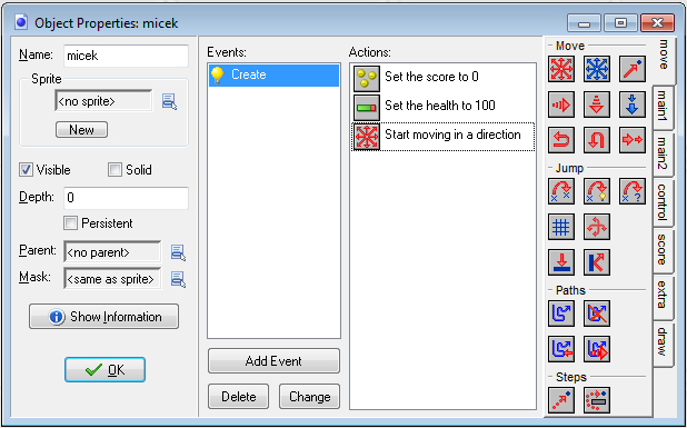 Výsledok po dokončení eventu Create - Game maker - Jednoduché hry