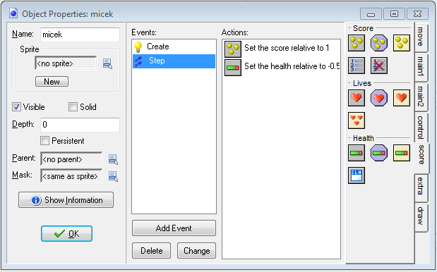 Stav po pridaní eventu Step - Game maker - Jednoduché hry